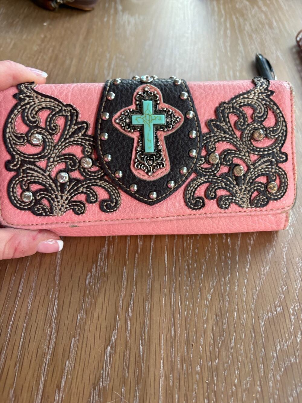 Montana West Pink Faux Leather Trifold Wallet - Turquoise Rhinestone Cross